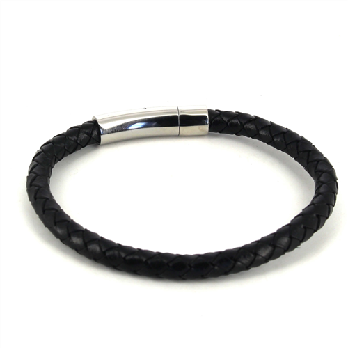 Pulsera Acero y Cuero Negro Cilíndrica