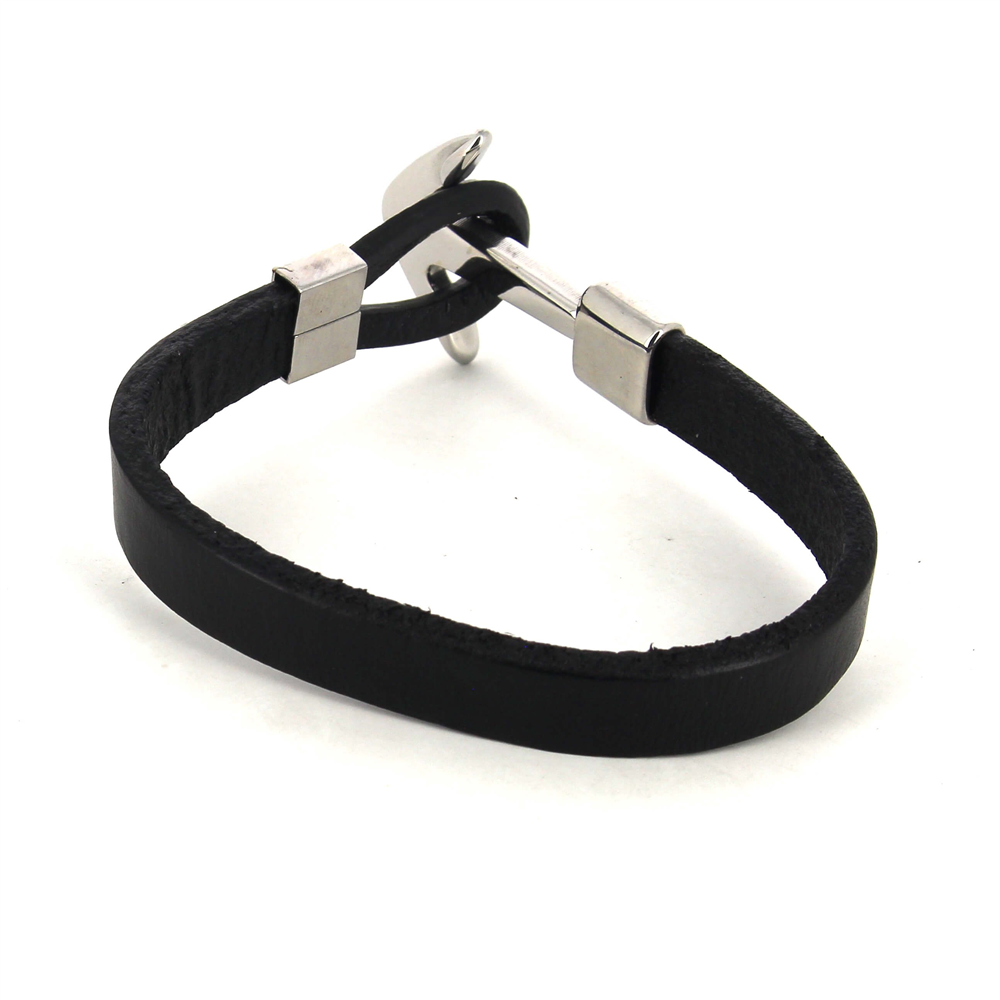 Pulsera Acero y Cuero Liso Negro con Ancla