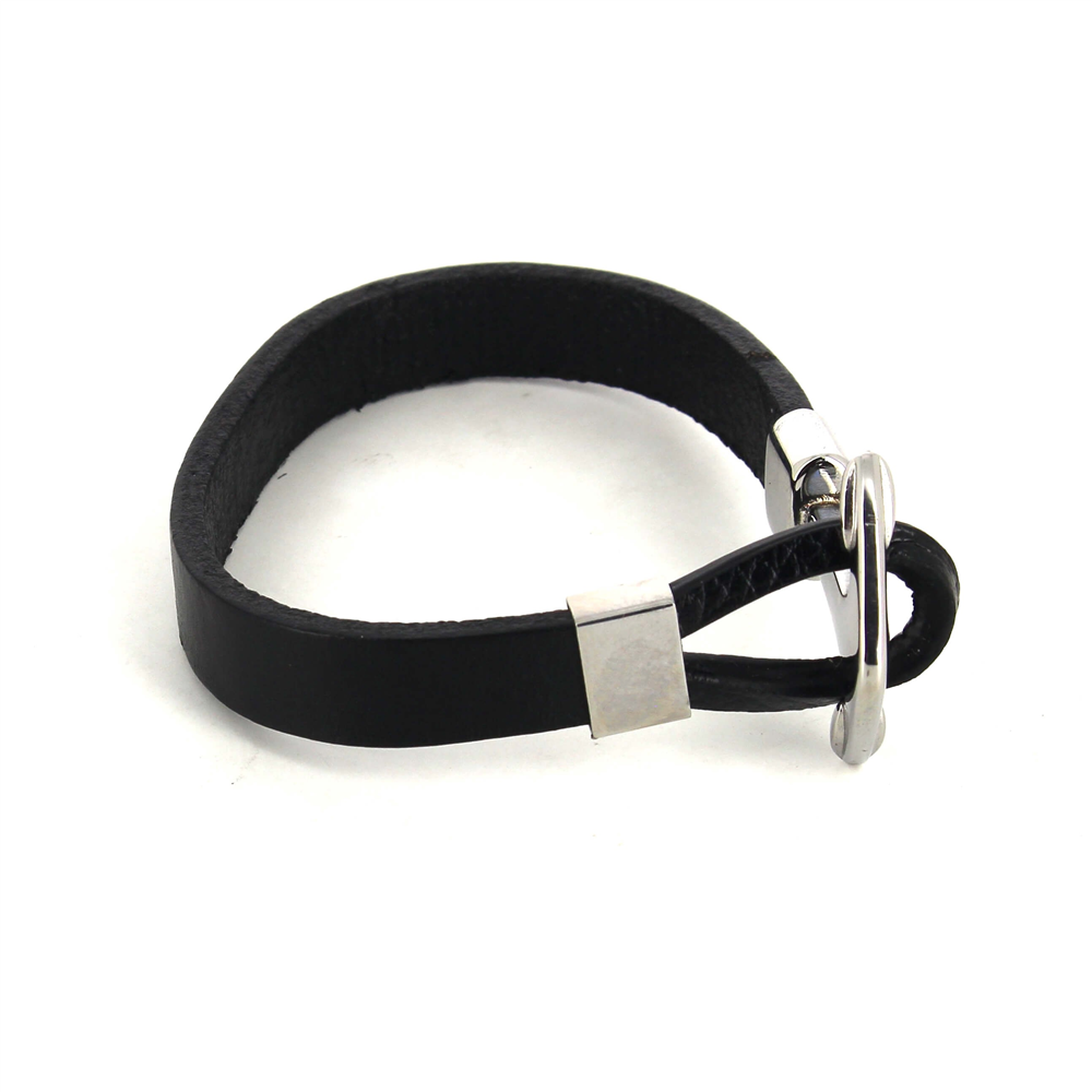Pulsera Acero y Cuero Liso Negro con Ancla