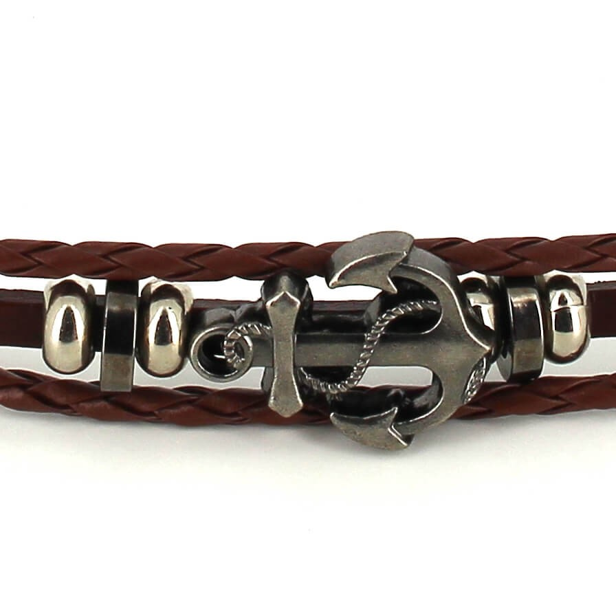 Pulsera Trenzada Cuero Marrón con Ancla