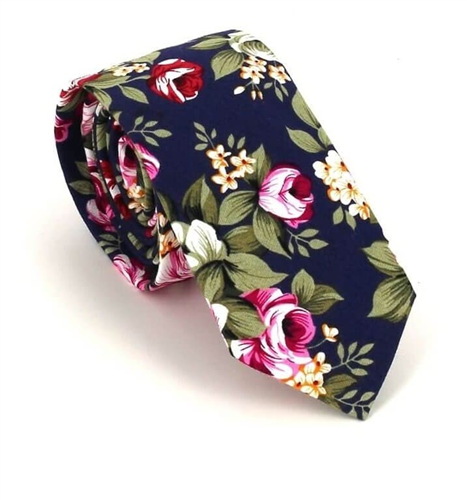 Schmale Krawatte mit Marineblauen Blumen