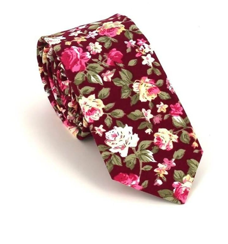 Schmale Krawatte mit Bordeaux Blumenmuster