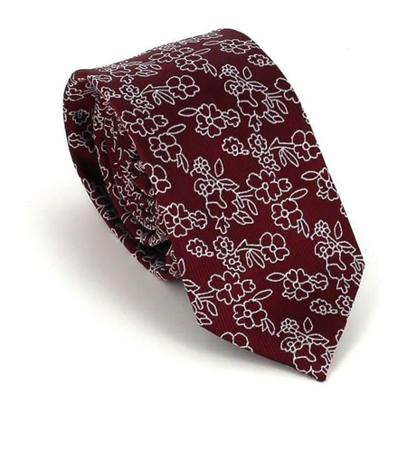 Schmale Krawatte mit Bordeaux Blumenmuster