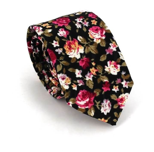 Schmale Krawatte mit schwarzen Blumen