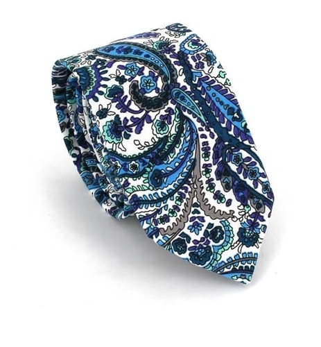 Schmale Paisley Krawatte in Weiß und Blau