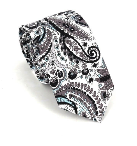 Schmale schwarze und weiße Paisley-Krawatte