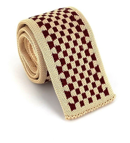 Krawatte mit Karomuster in Beige und Bordeauxrot