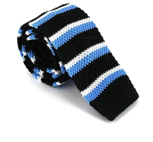 Krawatte Gestrickte Streifen Schwarz, Weiß und Blau