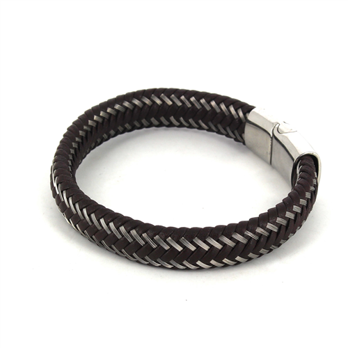 Armband aus geflochtenem braunem Leder und Stahl