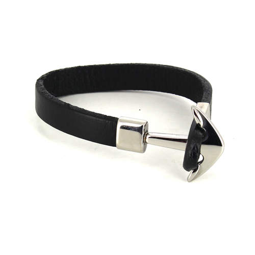 Armband aus Edelstahl und glattem schwarzen Leder mit Anker