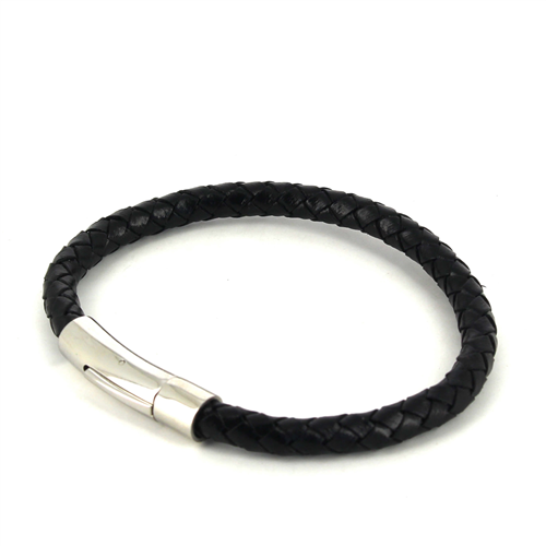 Armband aus Edelstahl und schwarzem Leder Zylinderförmig