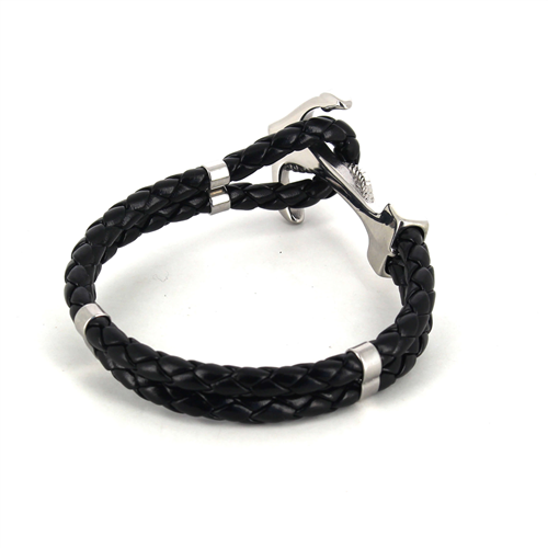 Armband aus Edelstahl und schwarzem Leder mit Anker
