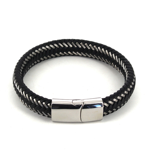 Armband aus Edelstahl und schwarzem Leder I