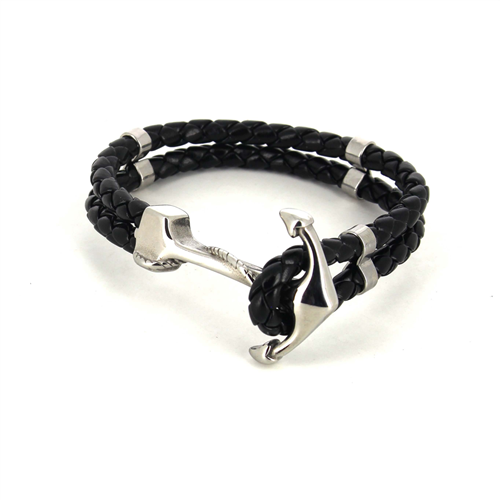 Armband aus schwarzem geflochtenem Leder und Stahl mit Anker