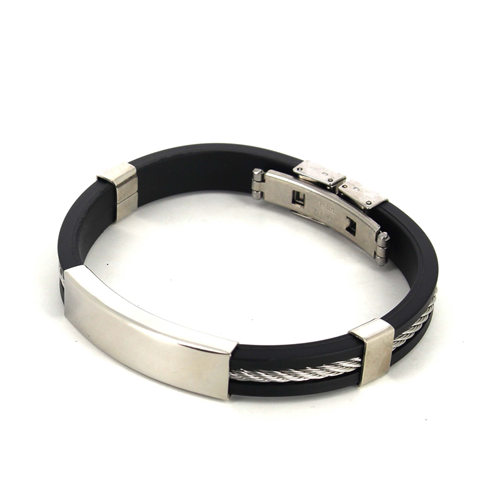 Armband aus Stahlseil und schwarzem Gummi mit glattem Motiv