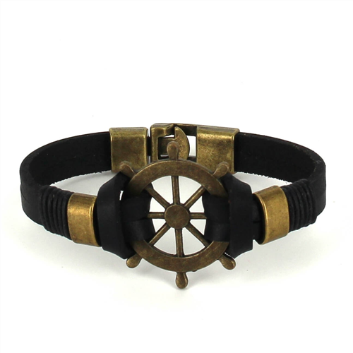 Armband aus schwarzem Leder mit Steuerrad