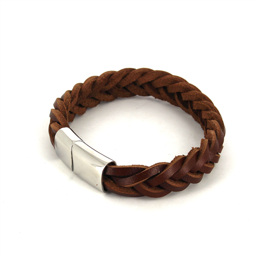 Armband aus geflochtenem braunem Leder und Stahl
