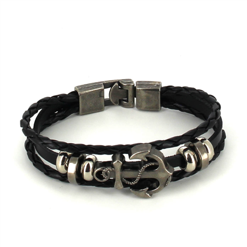 Geflochtenes Armband aus schwarzem Leder mit Anker